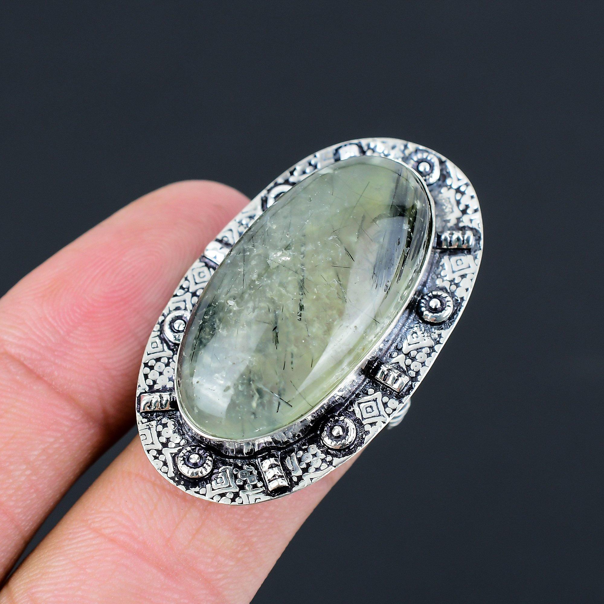 925 Silver Natural Moss Prehnite Elegant Promise Daughter Statement Ring US 7.5 7.5