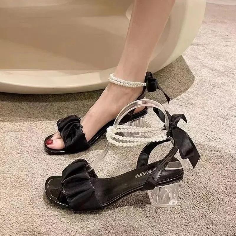2025 Comfort Shoe for Women Block Heels Pearl Sandals Med Suit Female Beige All-Match Chunky Girls Medium Clear Black Gladiator