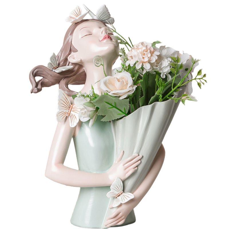 Nordic Girl Holding Vase with Artificial Flowers, Elegant Artistic Resin Home Decor Statue for Living Room, Entryway & TV Cabinet