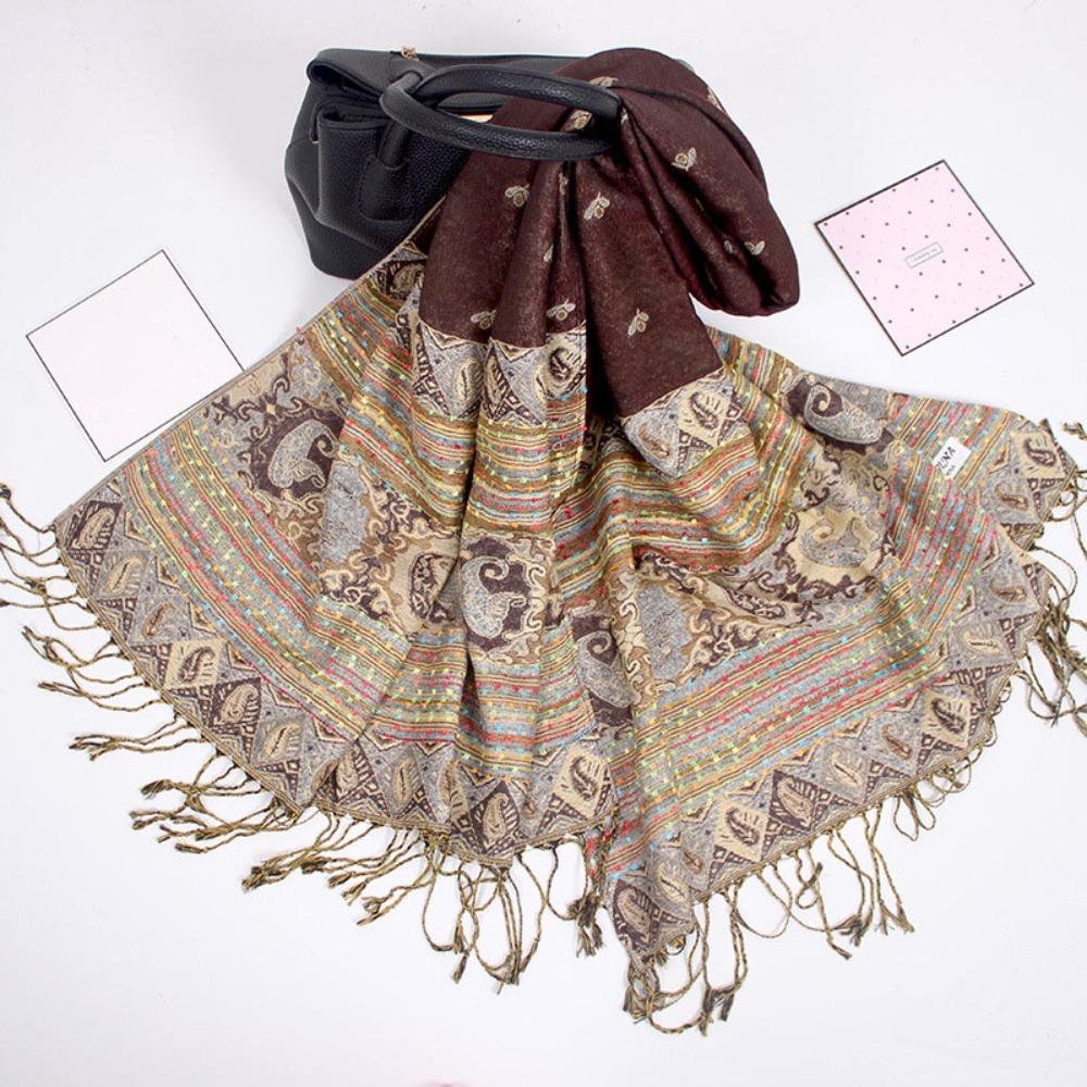 Soft Print Headscarf with Tassel Shawls and Wraps Retro Cashew Jacquard Scarf кофейный