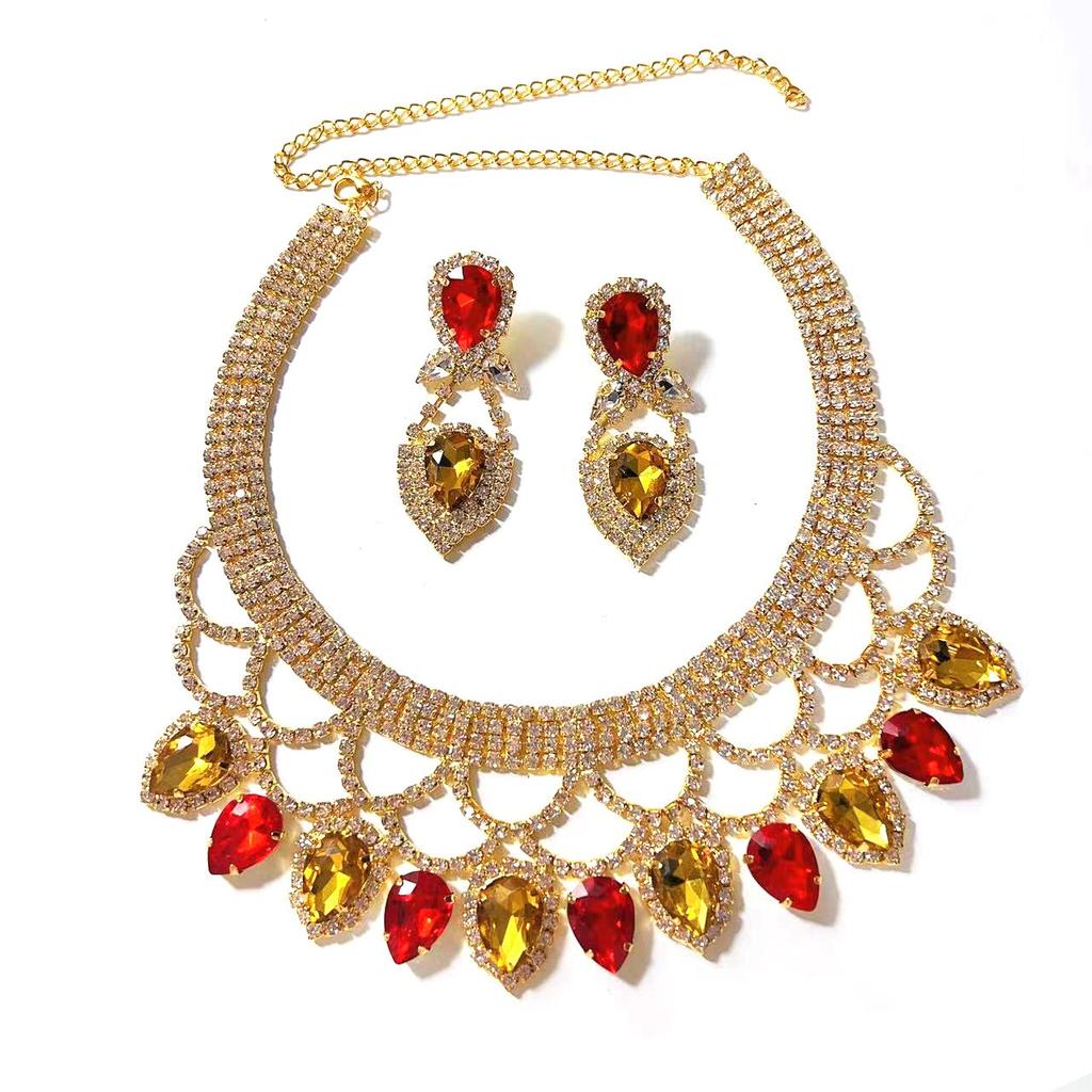 New Fashionable European and American Exaggerated Handmade Rhinestone Colored Crystal Necklace Earring Set Bridal Dress Jewelry