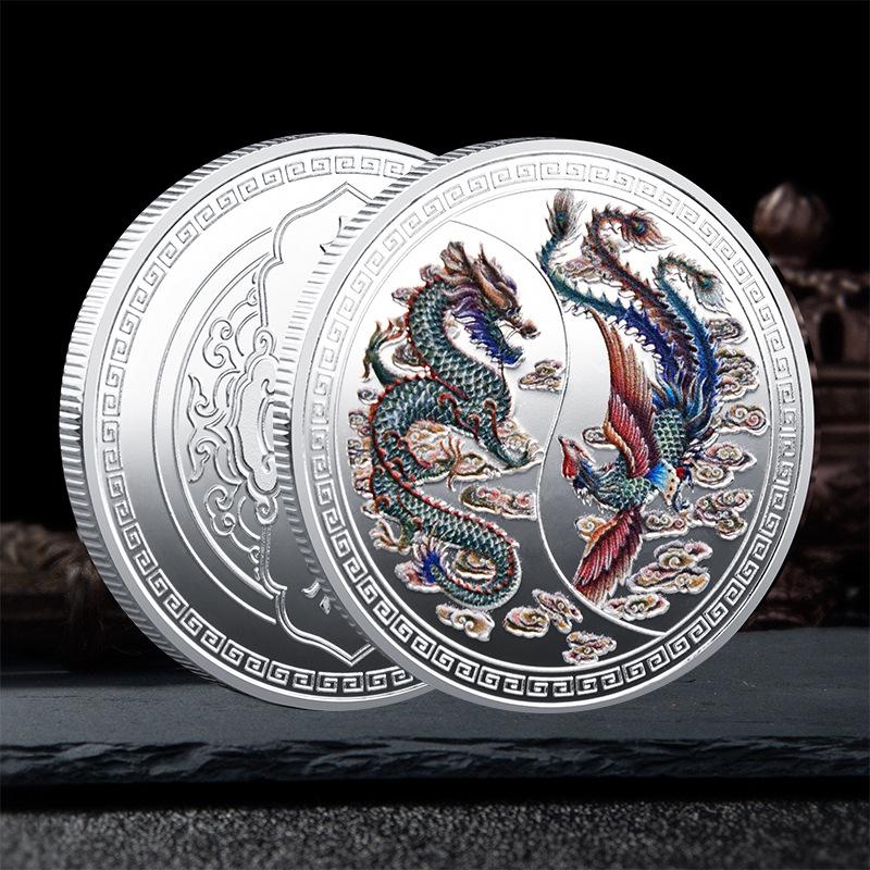Drache und Phönix verheißungsvolle Gedenkmünze, Drachen- und Phönix-Beschichtung mit Gold und Silber, chinesische verheißungsvolle Kultur-Gedenkmedaille als Geschenk