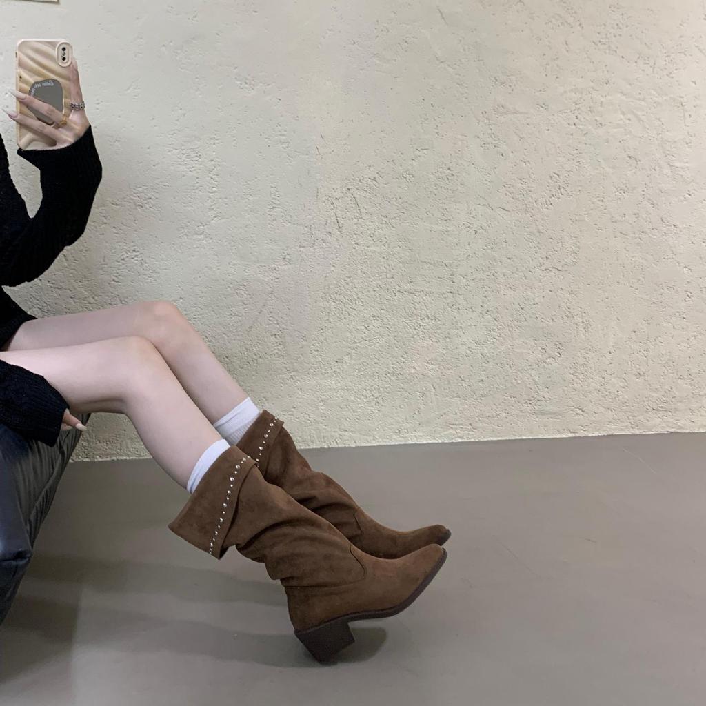 2025 Autumn and Winter New Retro British Style Thick Heel Mid-tube Boots Women's Thin Mid-heel Pointed Pile Knight Boots Women