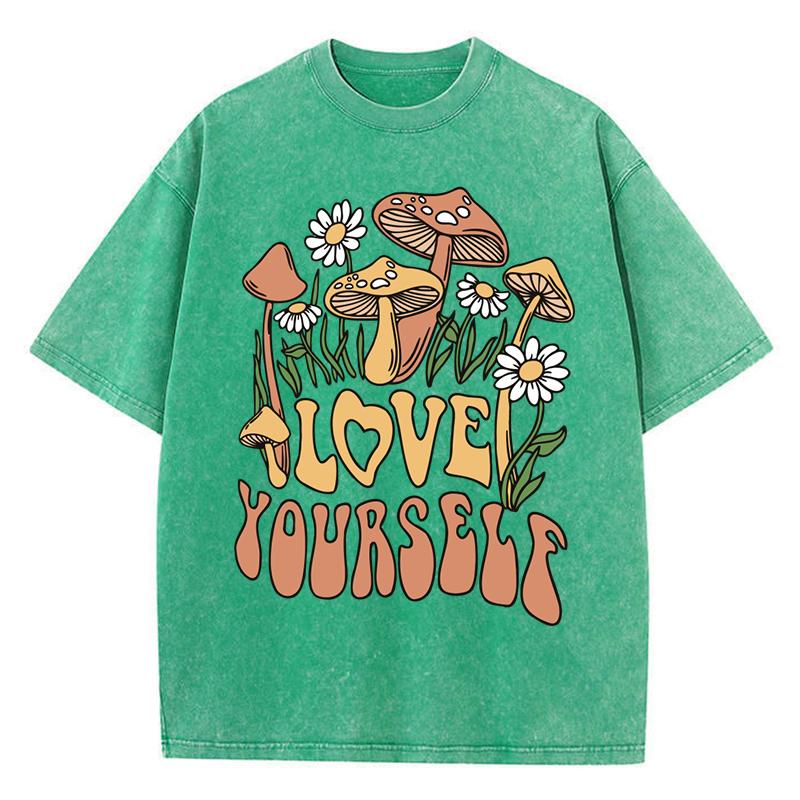 Love Yourself Mushrooms Flowers Printed Women Washed T Shirt Summer Cotton T-Shirts Loose Y2K Clothe Crewneck Short Sleeves
