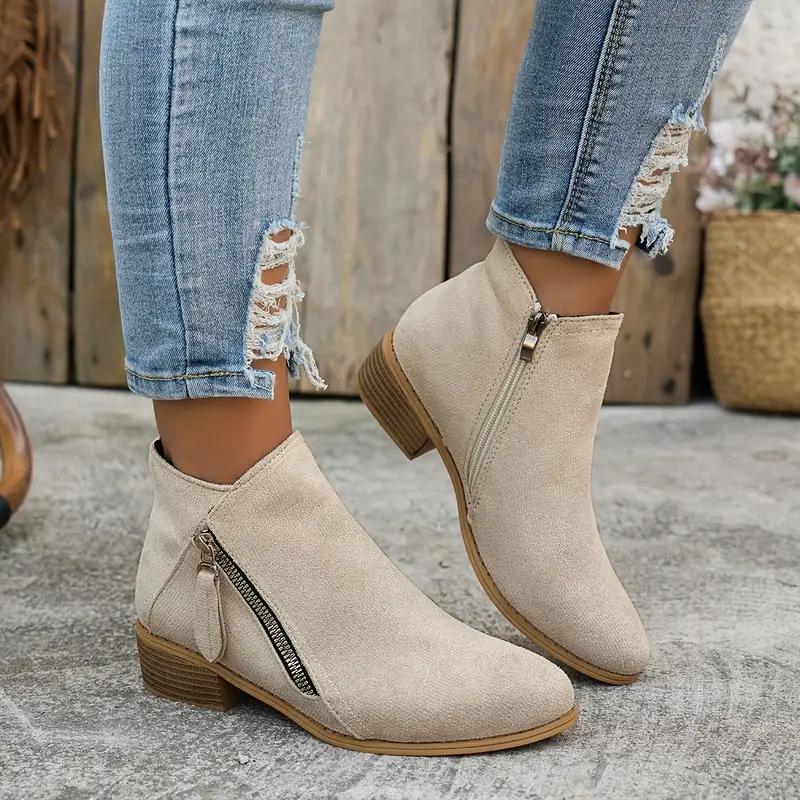 Women'S Fashionable Ankle Boots - Pointed Toe, Mid-Heel, Zipper Closure, All-Season Comfort, Fabric Upper/Insole/Shoe Pad, Non-Slip TPR Sole