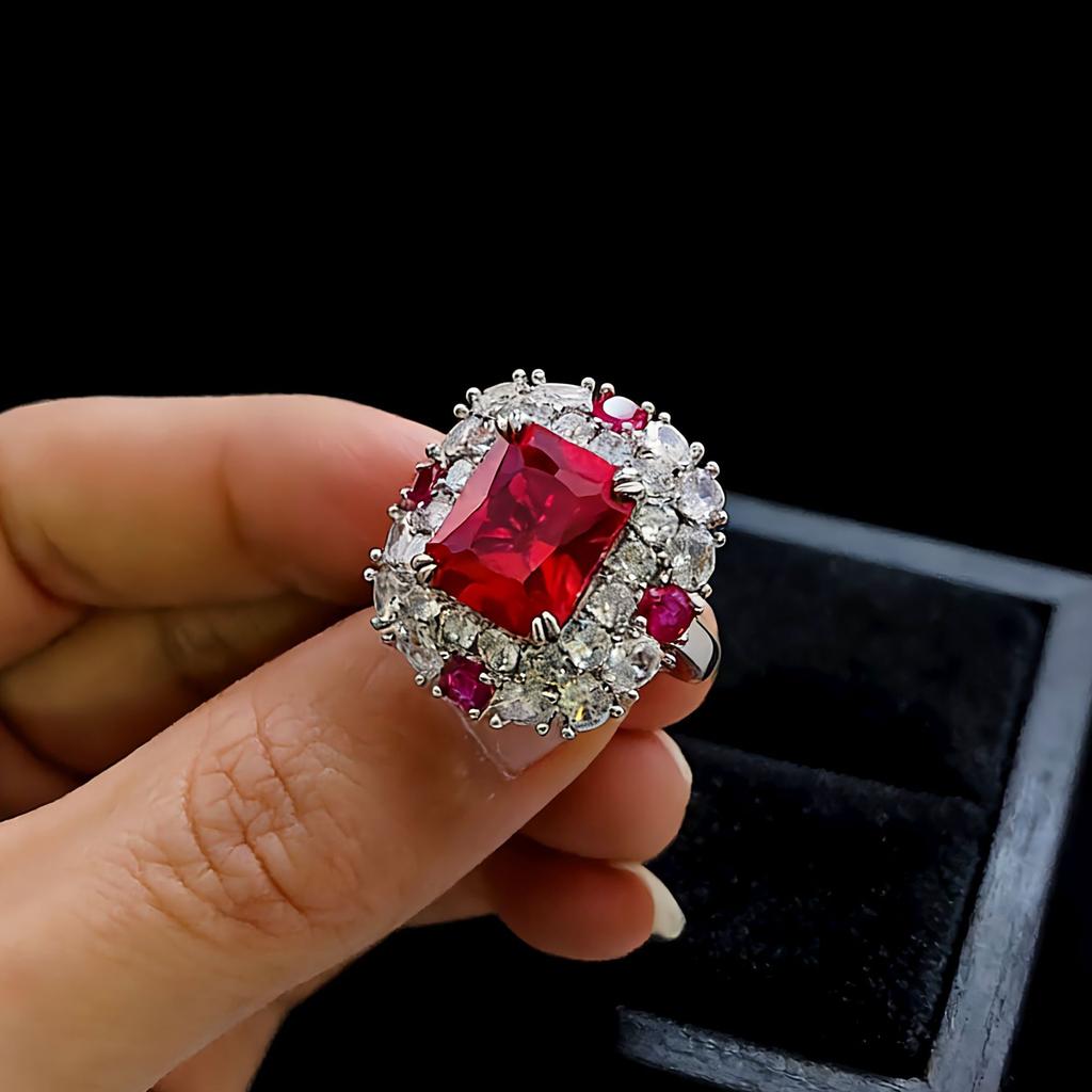 Full Diamond Luxury Emerald Ruby Square Ring Women's Large Carat High Carbon Diamond Live Ring
