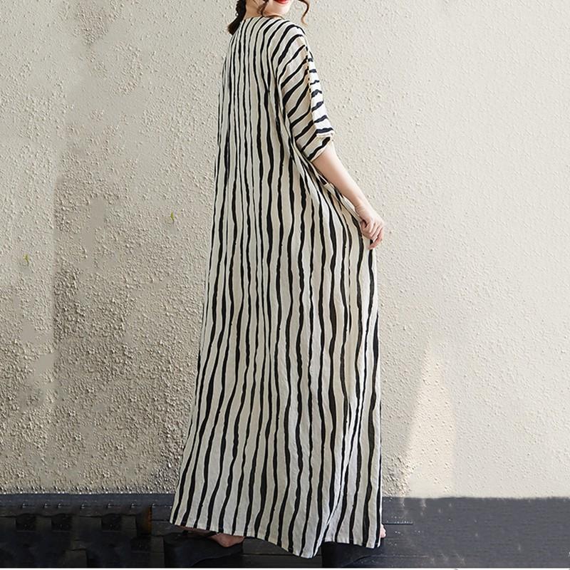 Short Sleeve Plus Size Cotton Vintage Stripe New In Dresses for Women Casual Loose Long Summer Dress
