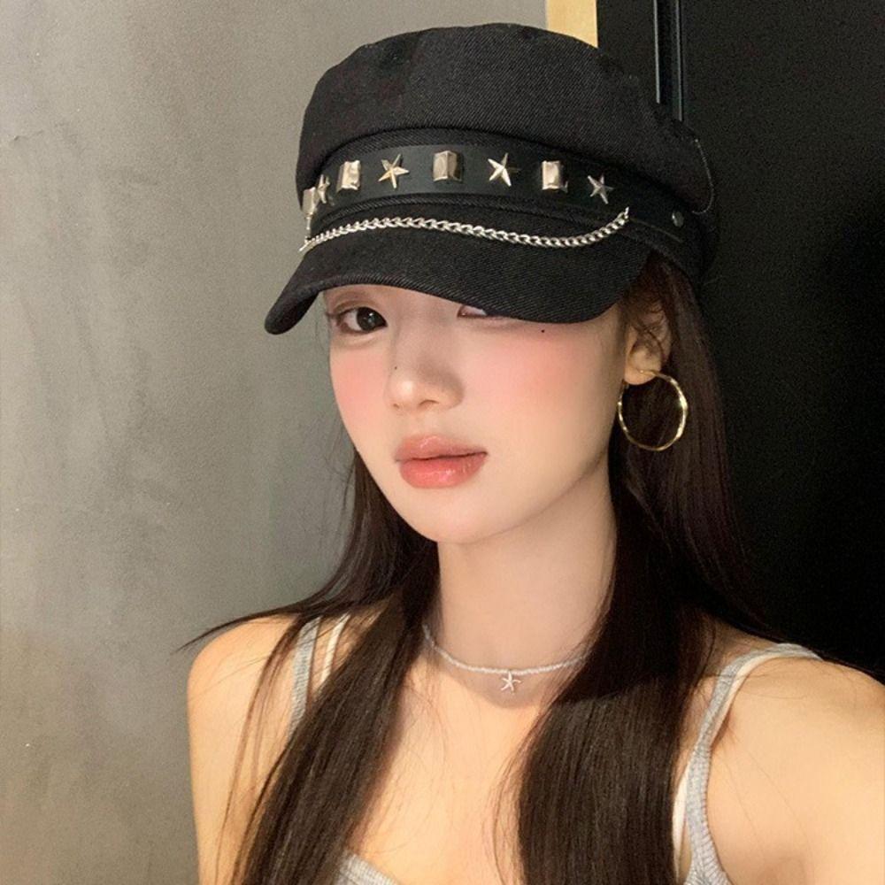 Cloth Denim Octagonal Hat Korean Style Retro Painter Hat Fashion Rivet Denim Beret  Travel