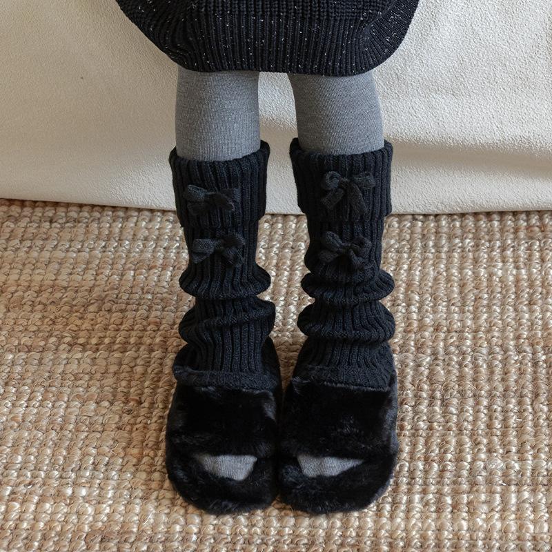 

Boots Cotton Girls Stacking Socks Cover Autumn and Winter Bow Thickened Warm Coffee Color Korean Girls Children s Calf Socks чёрный