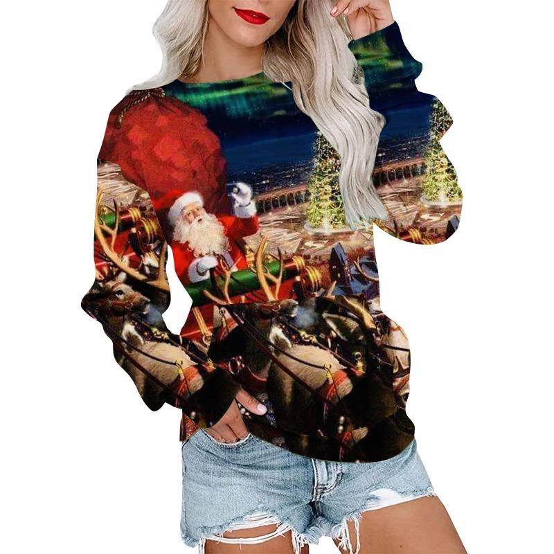 Autumn Winter Fashion Christmas Series Christmas Tree Elk Printed Pocket Round Neck Hoodie