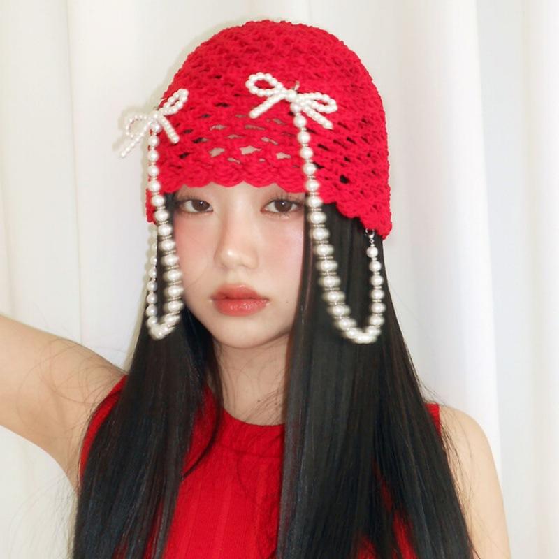 Pearl Bow, Hollow Knitted Wool Cap, Korean Version, Ins, Wrap Cap, Fashion, Hat, Versatile, Show Face Small