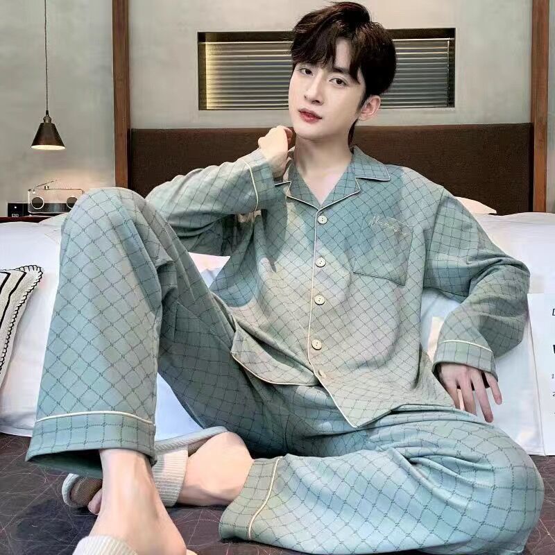 Men's 100% Cotton Long-Sleeve Pajama Set, Plus Size, Cardigan Style for Spring, Autumn, and Summer.