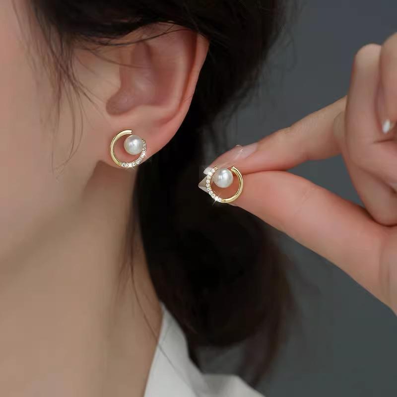 S925 Silver Needle Round Inlaid Diamond Pearl Earrings Luxury Fashion Ear Jewelry 1pair