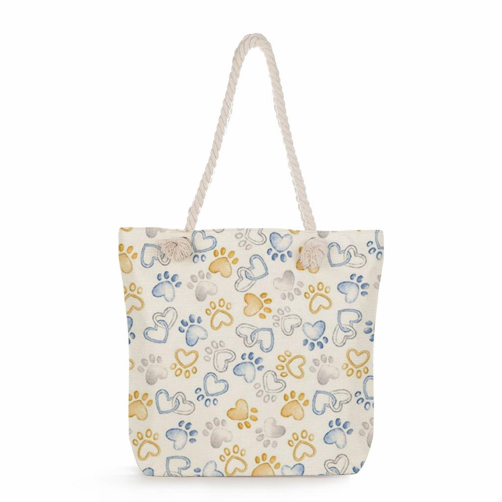 Multifunctional Dog Paws Printed Thick Rope Shoulder Beach Bag Casual Large Capacity Handbag 7601