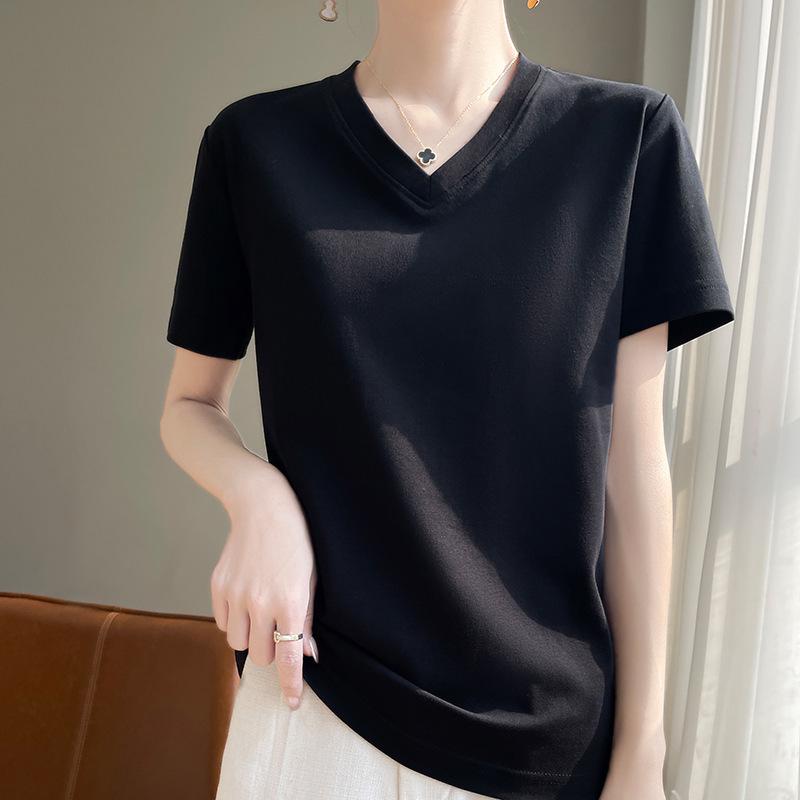 High-Quality Women's V-Neck Short-Sleeve Mercerized Cotton T-Shirt: Non-See-Through, Casual, Sweat-Absorbent, Breathable, Versatile Fit.