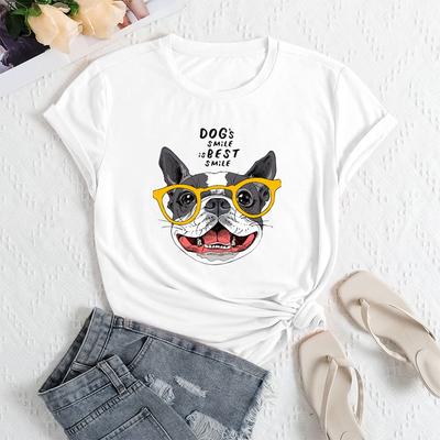Gafas de Verano para Mujer Estampado de Perro Cuello Redondo Holgado Casual Algodón Puro Manga Corta Camisetas para Mujer