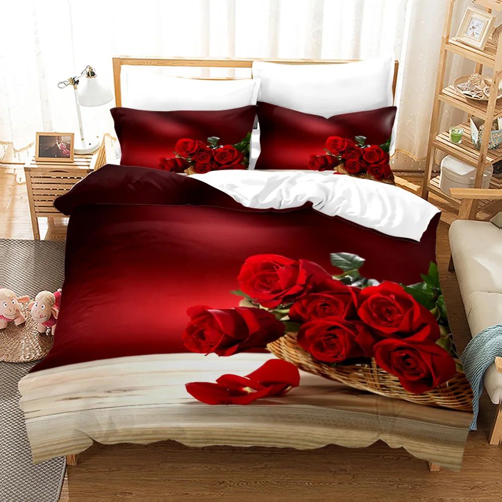 Rose Polyester Påslakanset King Full Size Röd Blomma Blommor 3D-tryckt Romantiskt För Flickor Kvinnor Par Älskare Sängklädesset
