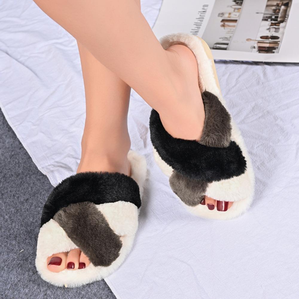 Fashion Cross Warm Fluffy Slippers Women Lightweight Flat Heels Slides Woman Autumn Winter Open Toe Comfortable Home Slippers