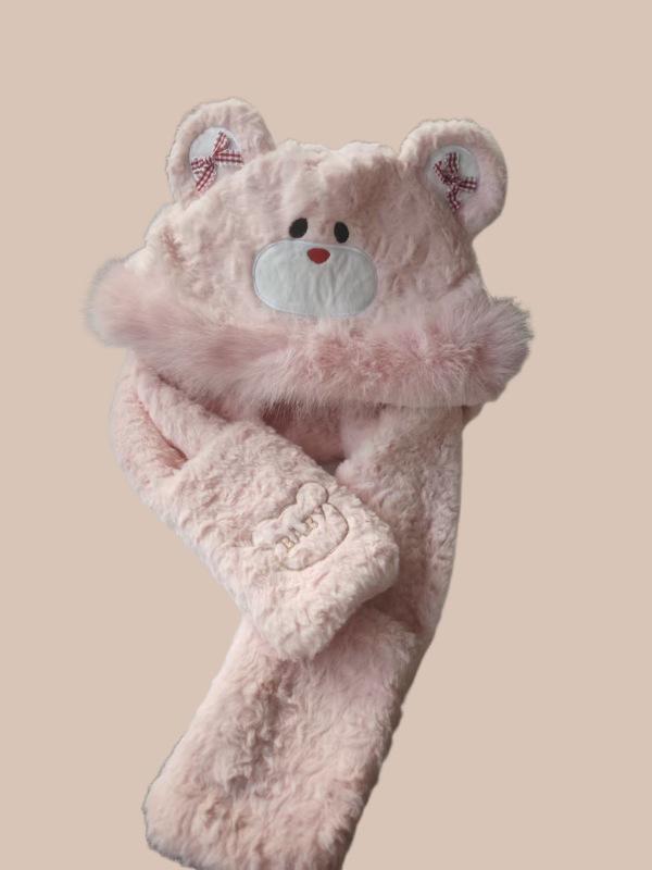 Cute bear hat scarf integrated women's autumn and winter plush thickened warm scarf ear protection Lei Feng hat