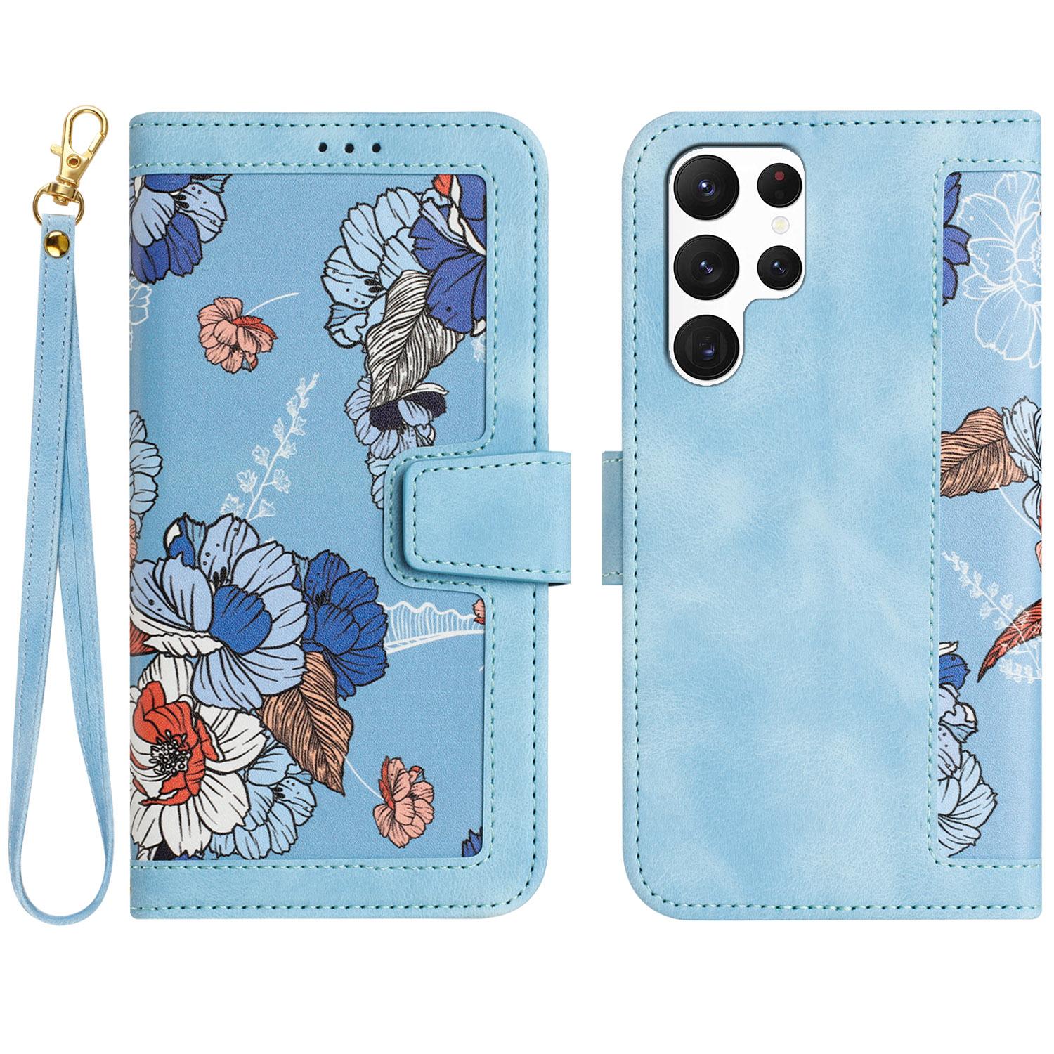 

For Samsung Galaxy S24 Ultra Leather Case Flower Pattern Stand Phone Cover Baby Blue