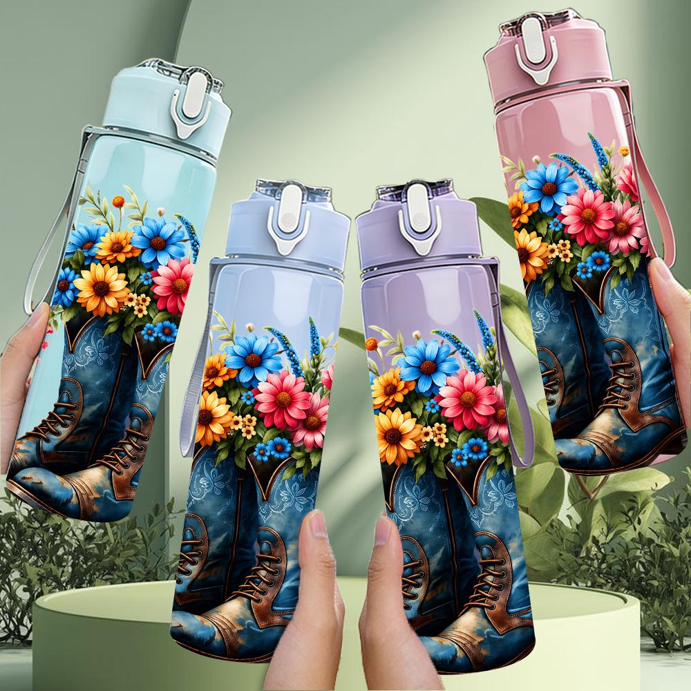 1PC Cowboy Boot Wildflower Bouquet 750ml Color Plastic Sports Water Bottle Leakproof Flip Straw Lid Suitable for Sports Office Home Use