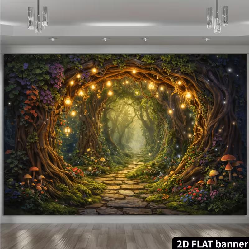 2D Magical Forest Path Backdrop Enchanted Tree Tunnel with Lights Photography Background