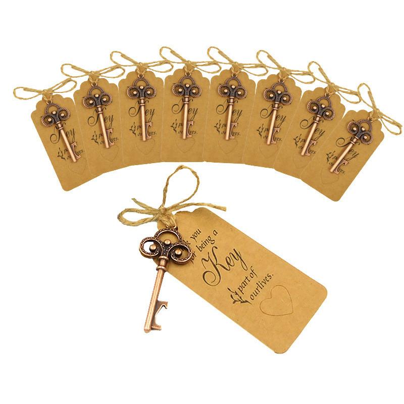 10pcs Gold Wedding Bottle Key Opener with Tag Antique Copper Bottle Key Opener Wedding Souvenir Decor Gift Party Favor Supplies