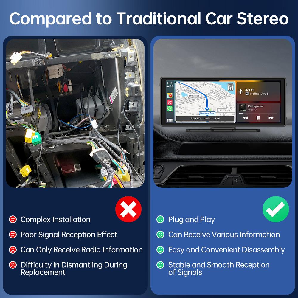 3-lens Dashcam, 10.26" HD Wireless CarPlay Car Navigation GPS.