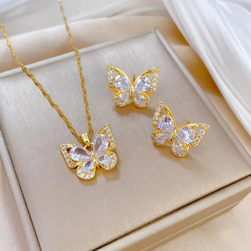 Fashion Gold Plated Butterfly Necklace Unique Butterfly Necklace Earring Stainless Steel Elegent  Sets For Wedding Dating