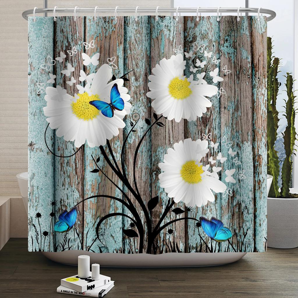 Rustic Sunflower Daisy Shower Curtain Butterfly Floral Vintage Country Farmhouse Flower Wooden Board Waterproof Bathroom Curtain