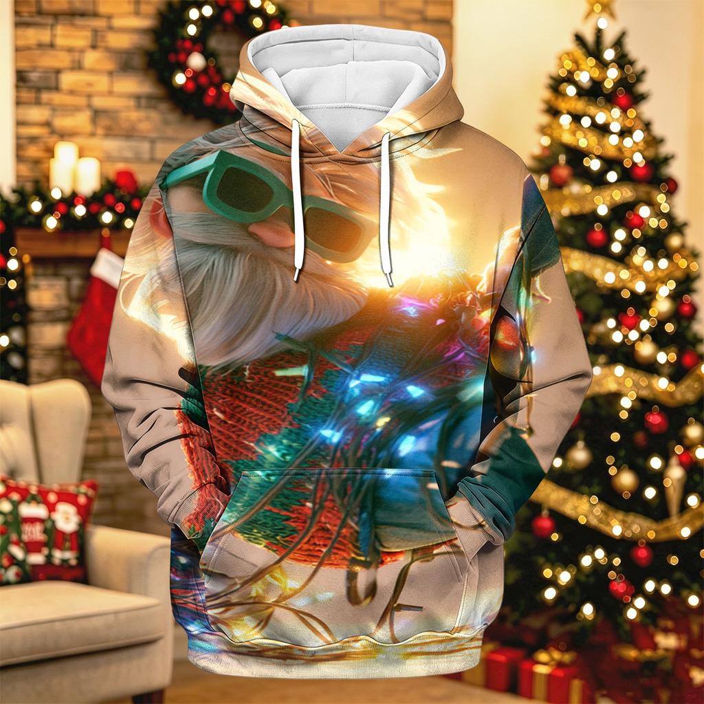 Men's Long Sleeve Hooded Sweatshirt with Christmas Print for Holiday Casual Wear