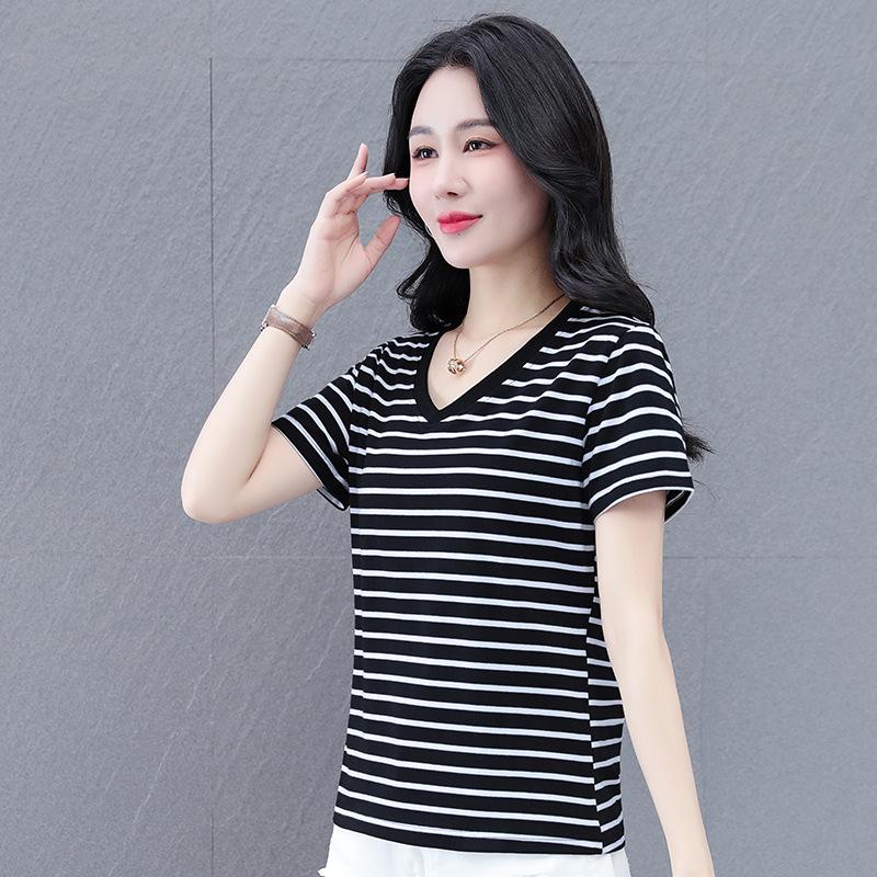 

Женская футболка с коротким рукавом из чистого хлопка в полоску - стильная летняя одежда для мамочек для шикарной, удобной и модной одежды 2XL