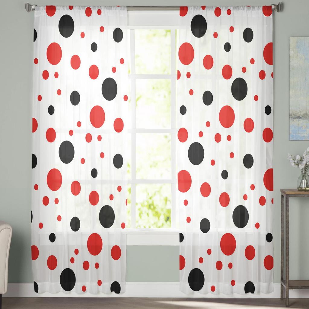 Red And Black Dots White Sheer Window Curtains Bedroom Modern Chiffon Drape Tulle Valances Living Room Kitchen Voile Curtain