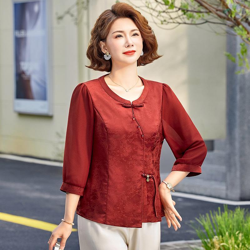 

Mom s 2026 Chinese Style Elegant Blouse - Spring/Summer Fashion 5XL вина червоного кольору