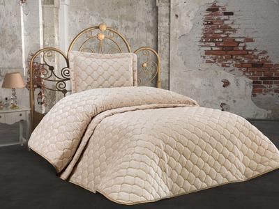 Lima Quilted Bedspread 2pcs, Coverlet 180x240 with Pillowcase, Velvet Fabric, Single Size, Queen Bed, Beige