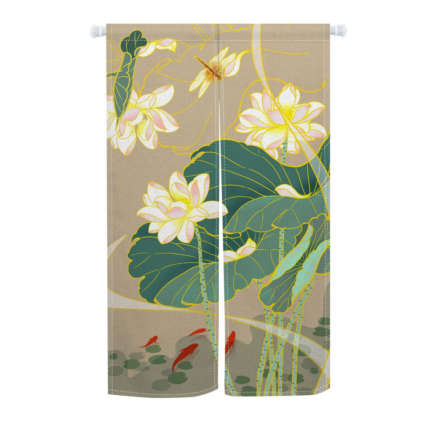 Chinese Stijl Noren Deurgordijnen Lotus Koi Vis Pioenroos Gespleten Polyester Deuropening Gordijn Keuken Ingang Klittenband Ophanging Half Gemaakt Van Wasbaar Koken W100*H130(CM)-Grommet top&2PCS