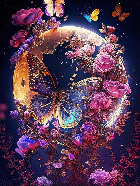 Full Square Round Diamond Painting New Moon Flower Decor Home Embroidery Mosaic Fantasy Butterfly Landscape Home Decor