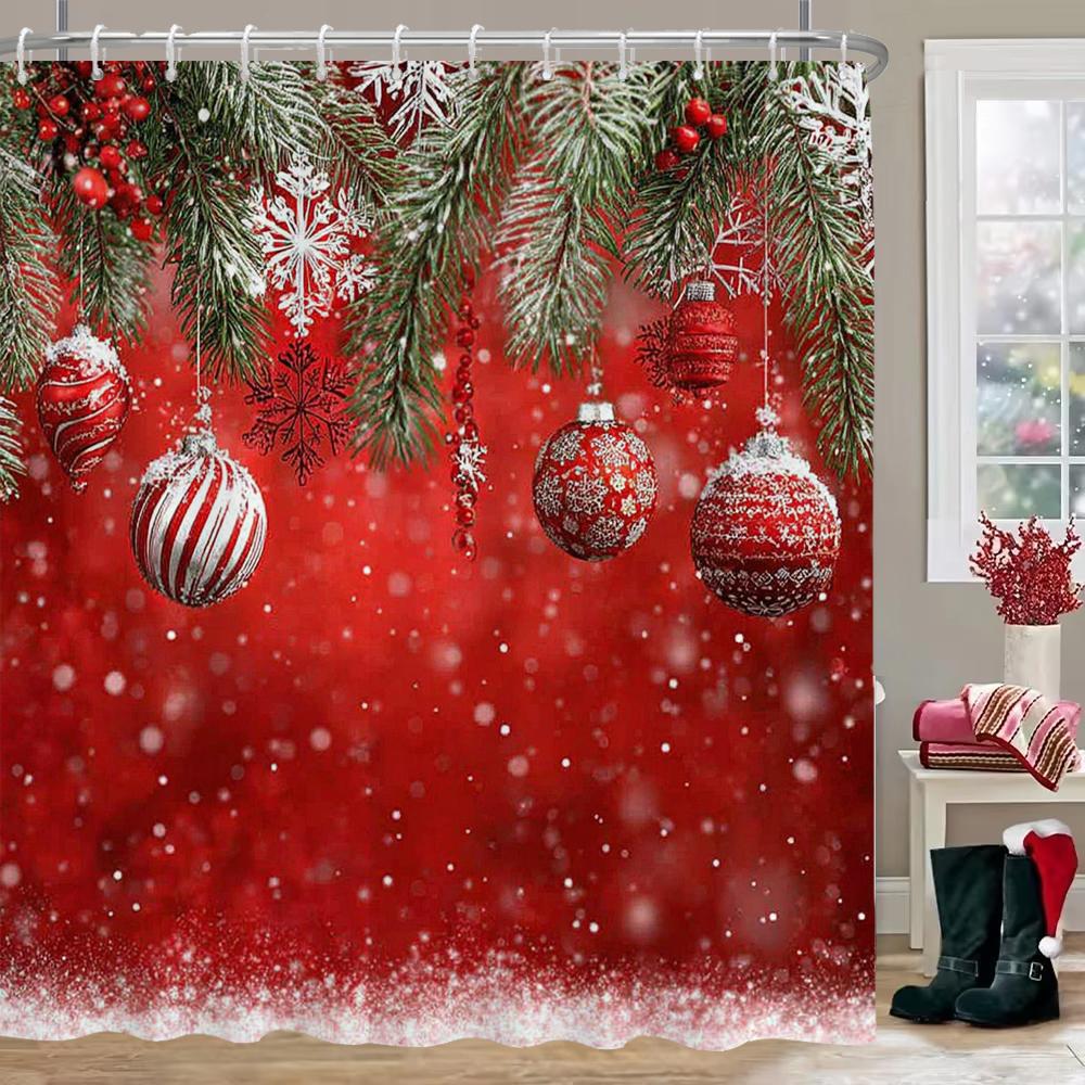 Christmas Shower Curtain, Red Christmas Snowflake Bell Bathroom Curtain Decoration Set With Hook Fabric Christmas Gift