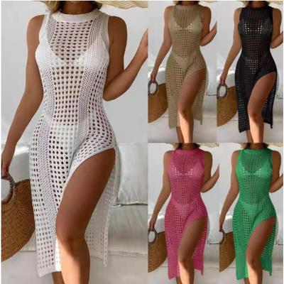 Summer Vacation Sexy Solid Round Neck Sleeveless Knit Beach Sun Protection Cover Up Comfortable Dress Lightweight Elegant Flattering Chic Dress