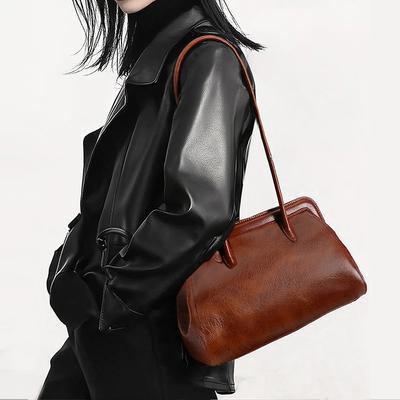 European and American Leather Bags Large Capacity Leather Women's Bags Fashionable Head Layer Oil Wax Leather Underarm Bags