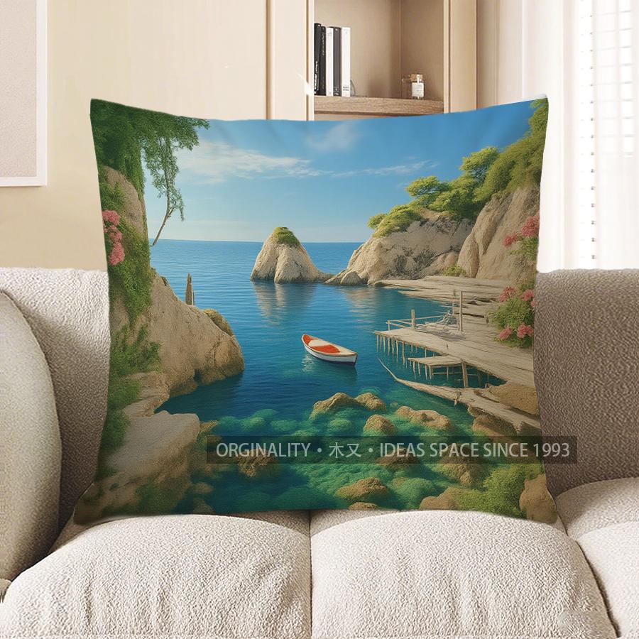 Home Decor Greek Island Scenery Printed Pillow Cover Pattern Cushion Cover Suitable For Sofa Bedroom Car Pillow Cover