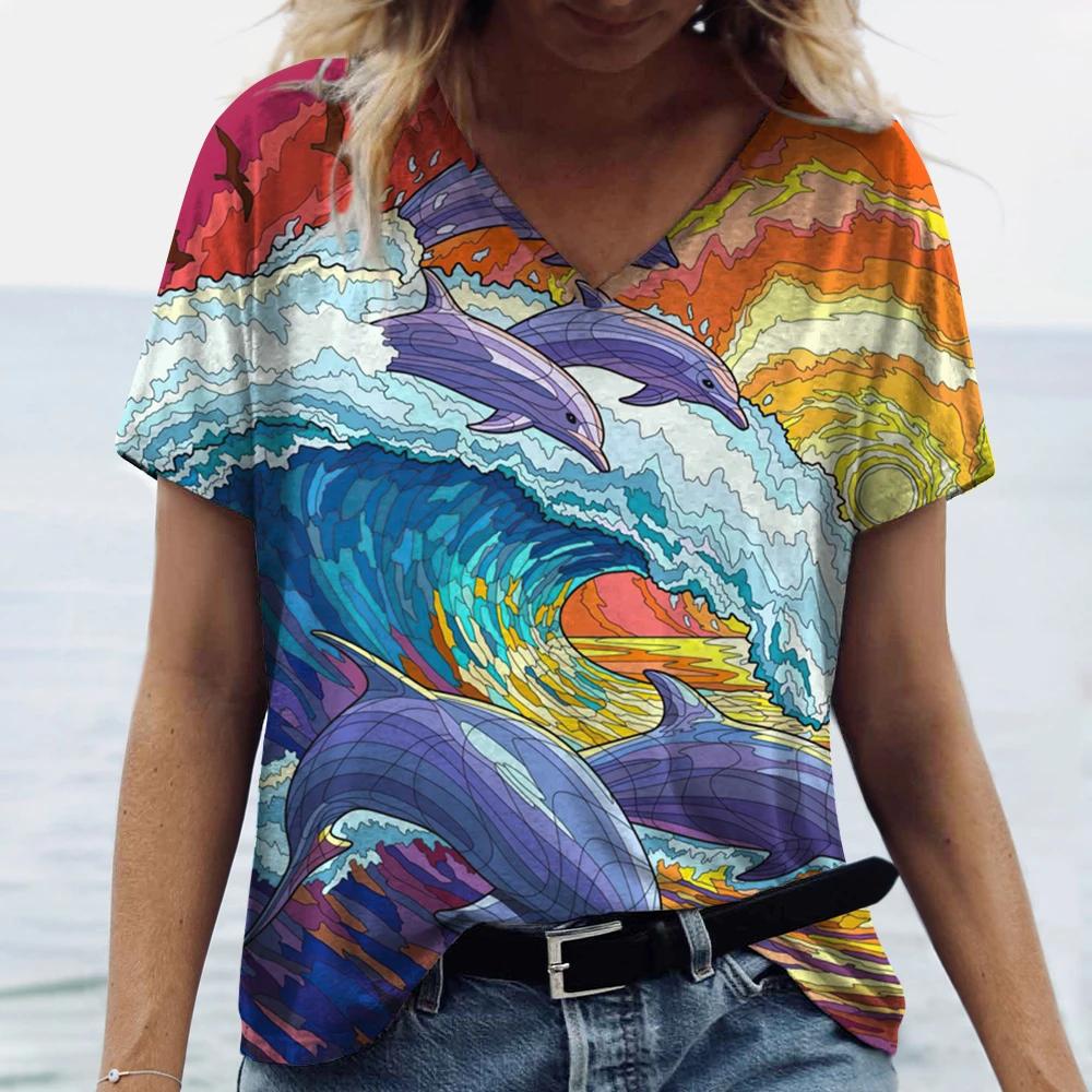 Women's Dolphin Print T-shirt V-neck Top Retro Aesthetic Clothing Oversized Funny Loose Fashion Novelty T-shirt