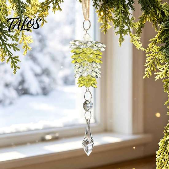Elegant Hanging Xmas Tree Baubles Acrylic Pine Cone Pendant with Faux Crystal Drop, Christmas Winter Wonderland Party Supplies Ornaments, Transparent