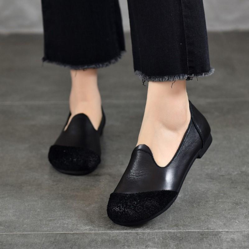 Johnature Versatile Retro Women's Slip-on Shoes Genuine Leather Round Toe Shallow Soft Soled Flat Shoes