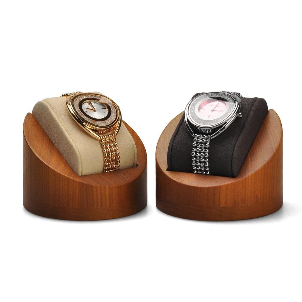 Woodten Wooden Watch Stand Dark Gray Compact Microfiber Cushion Natural Wood Soft Display