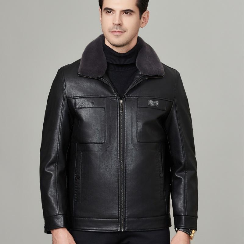 Genuine Leather Jacket Men's Winter Velvet Thickened Fur All-in-one Middle-aged and Elderly Casual Jacket Sheepskin Leather Jacket