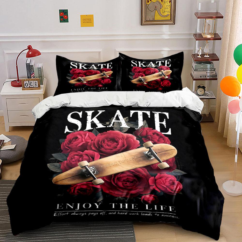 Skateboard with Red Roses Bedding Duvet Cover Set Duvet Cover Pillowcases (1*Duvet Cover 2*Pillowcases, without duvet insert)