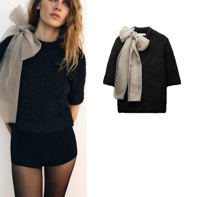 Autumn and Winter New Women Clothes Western Style Organza Bowknot Decoration Short Knitted Top 2756127