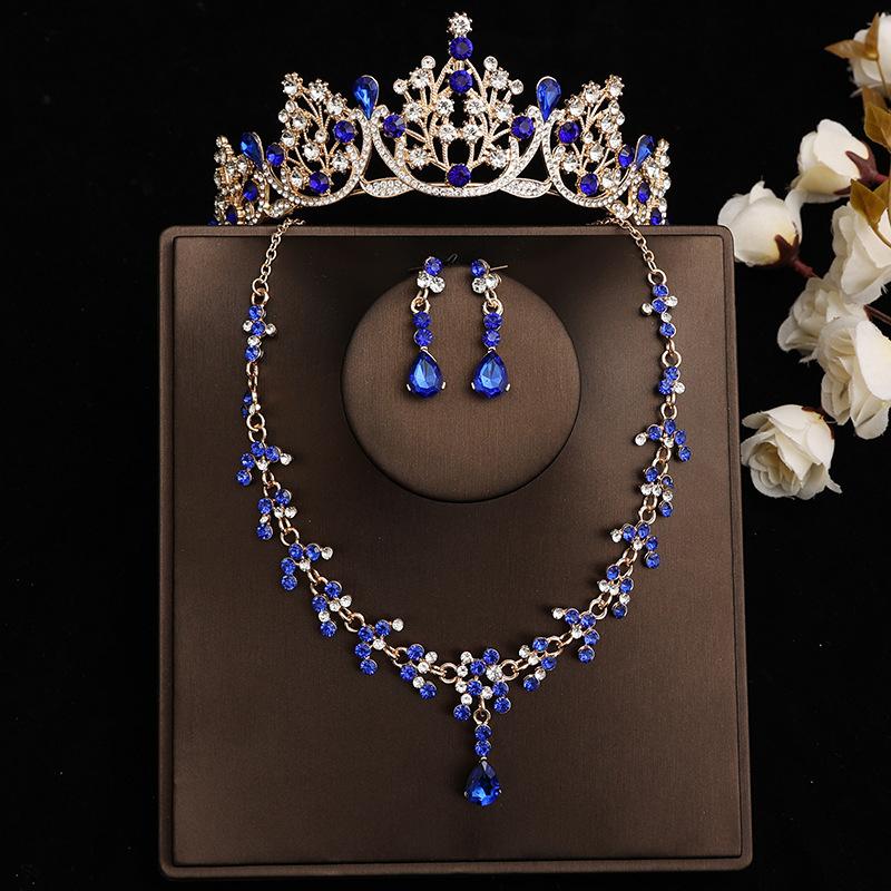 DIEZI Baroque Bridal Rhinestone Crown Tiaras For Women Wedding Princess Queen Blue Crystal Tiaras Necklace Earrings Jewelry Sets