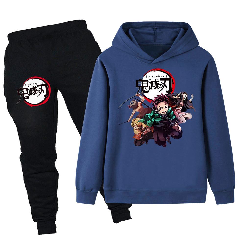 PB095 Kids Boys Girls Kimetsu No Yaiba Print Long Sleeves Hoodie Pants Trousers Clothes Sets
